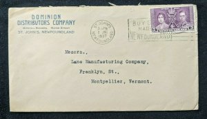 1937 Dominion Distributors Company Newfoundland Advertising Cover to Vermont USA