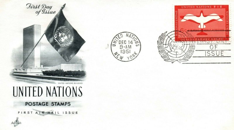 UNITED NATIONS FIRST AIRMAIL ISSUE 6c FIRST DAY COVER UA BY ART CRAFT 1951 