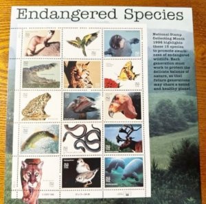 US # 3105 Endangered Species 1996 Sheet of 15 all different 32c Mint NH