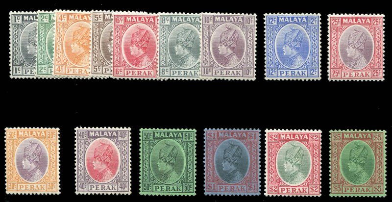 Malayan States - Perak #69-83 Cat$280, 1935-37 1c-$5, complete set, mostly li...