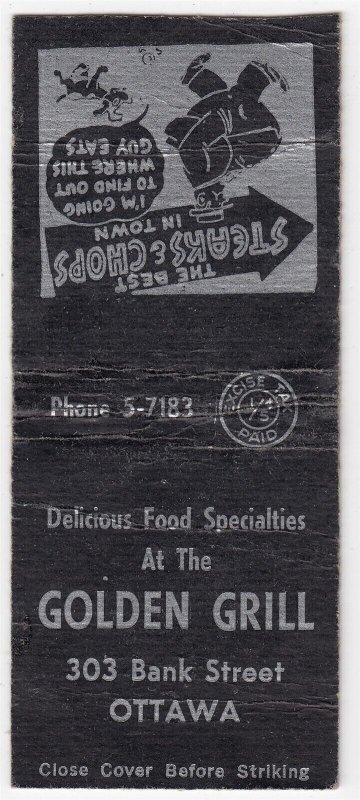 Canada Revenue 1/5¢ Excise Tax Matchbook GOLDEN GRILL Ottawa