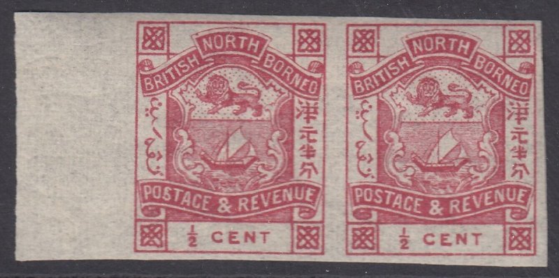 SG 36c North Borneo 1887-92. ½c magenta imperforate pair. Fine unmounted mint...