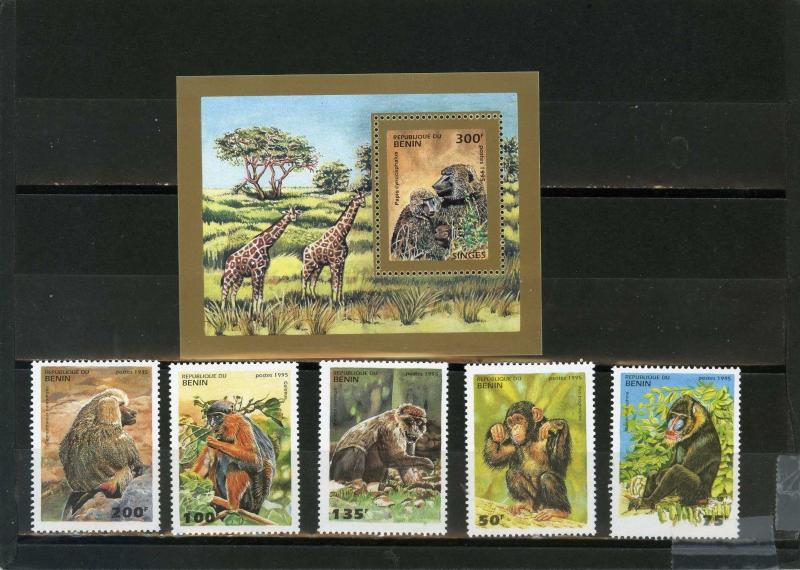 BENIN 1996 Sc#755-760 WILD ANIMALS/MONKEYS SET OF 5 STAMPS & S/S MNH 