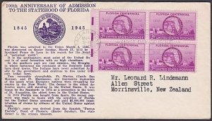 USA 1945 Florida Centennial FDC to New Zealand.............................A1657