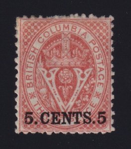 British Columbia Sc #14 (1869) 5c on 3d bright red Mint OG VF H