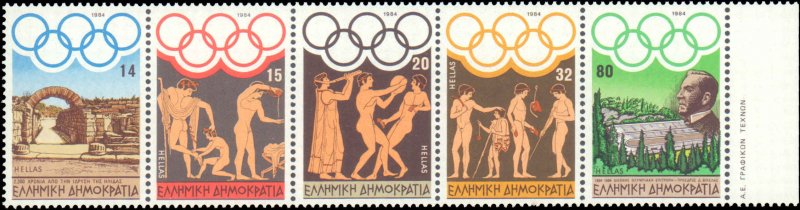 Greece #1499a, Complete Set, Strip of 5 Folded, 1984, Never Hinged