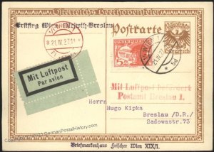 Austria 1927 Vienna Gleiwitz Breslau Flight Flugpost Airmail Cover Beetho 110600