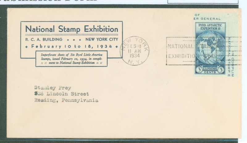 US 735a 1934 single from Byrd Polar Expedition sheet on an addressed, typed, FDC with a Linprint Cachet and a NYC Exhibition Can