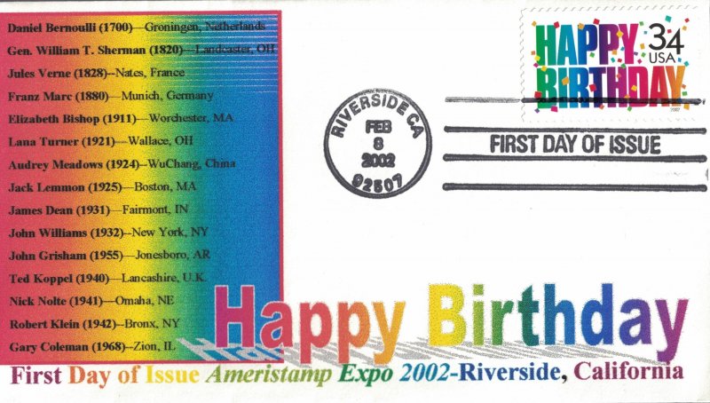 2002 FDC, #3547, 34c Happy Birthday, neat colorful cachet