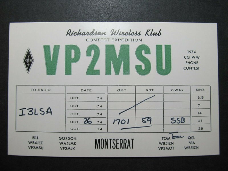 5700 Amateur Radio QSL Card Richardson Wireless Klub Expedition Montserrat