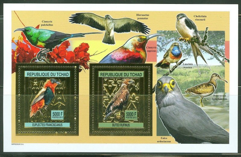 CHAD  2013  BIRDS GOLD FOIL COLLECTIVE SHEETLET OF TWO   MINT NH AS SHOWN 