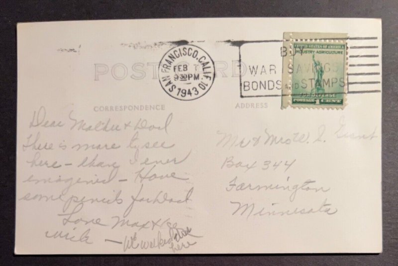 1943 USA RPPC Postcard Cover San Francisco CA to Farmington MN Chinatown Street