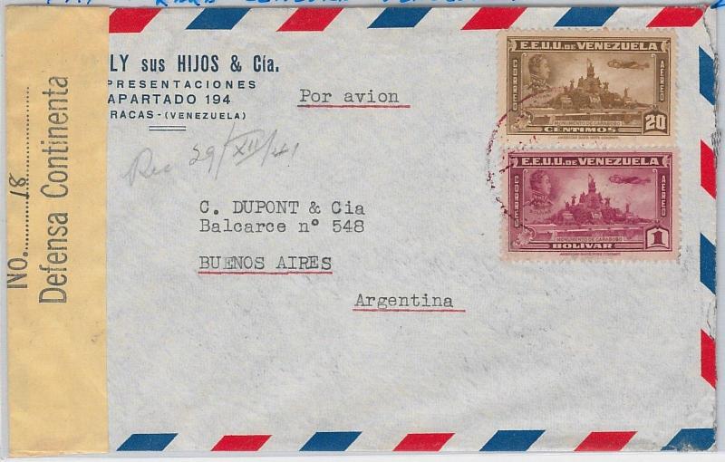 VENEZUELA -  POSTAL HISTORY -  AIRMAIL COVER to ARGENTINA 1941 with RARE CENSOR