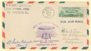 US C18 1933 50c Baby Zeppelin single on a Century of Progress exposition cover. Flight from Akron, Ohio to Chicago, Illinois