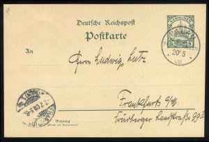 German Colonies, Caroline Islands, 5pf green, postal card addressed to Frankf...