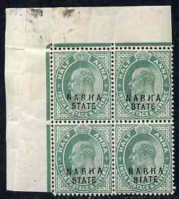 Indian States - Nabha 1903-09 KE7 1/2a green corner block...