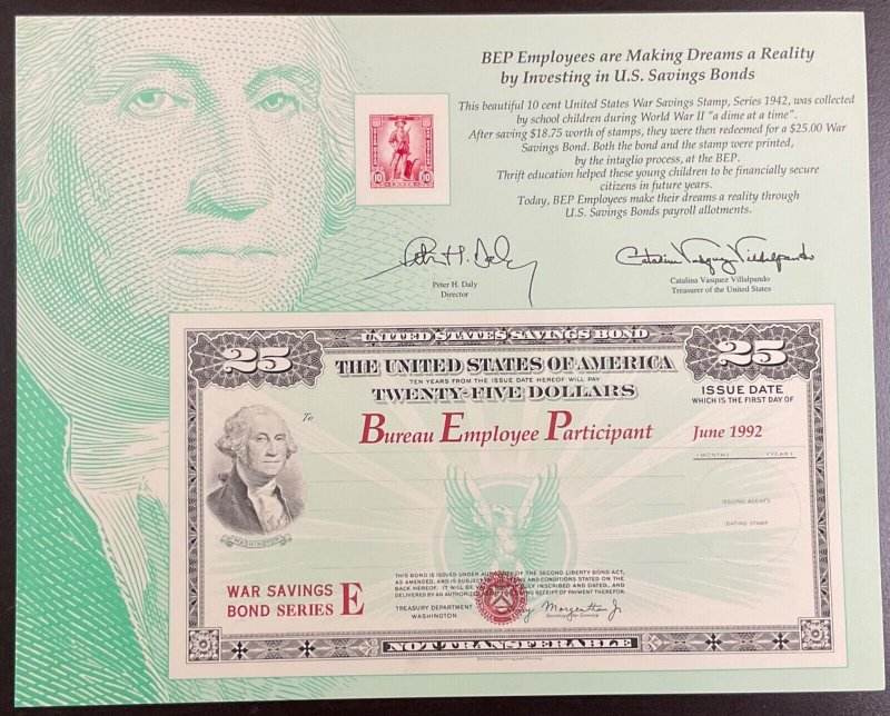 BEP B162 Souvenir Card  $25 US Savings Bonds