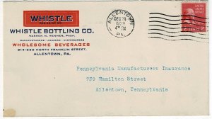 1938 Allentown, Penn. cancel on local ad cover for beers/beverages, 2c Prexie