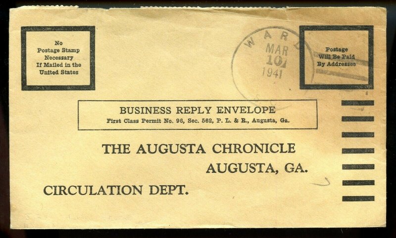 U.S. Scott J79 (19 copies) on 1941 Ward, South Carolina Business Reply Mail