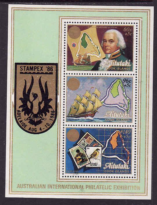 Aitutaki-Sc#399- id7-unusd NH  sheet -Maps-Ships-Stamp on Stamp-1986-