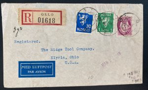 1946 Oslo Norway Registered Airmail Cover To Elyria OH Usa