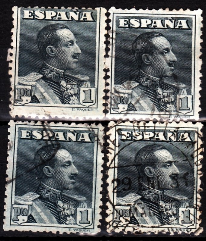 SPAIN 1924 Alfons XIII, Mi. 294 1Pta in 4 copies. Shades, var Perforations, Used