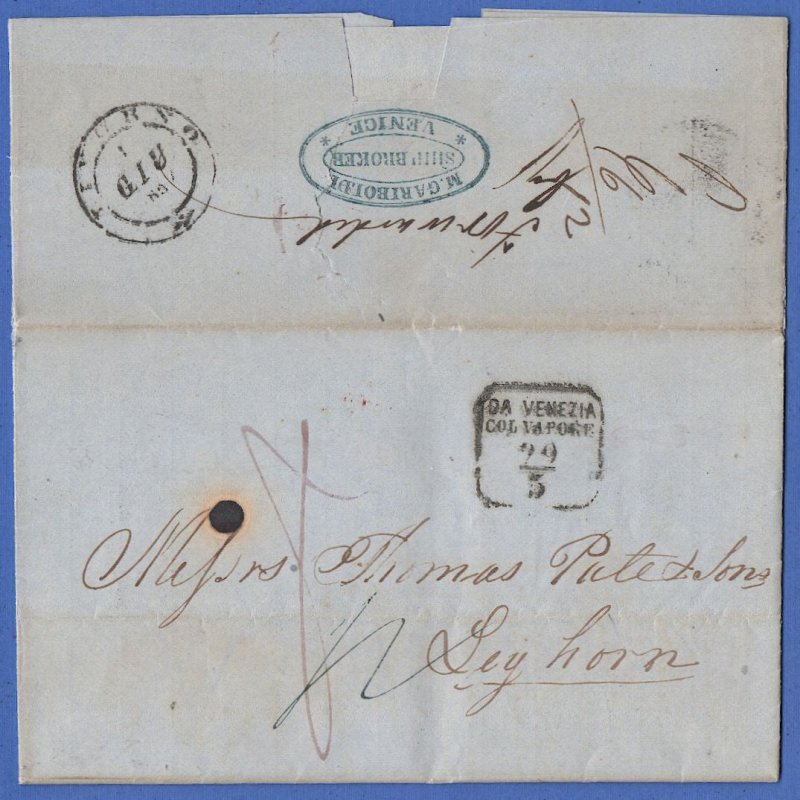 AUSTRIAN LLOYD Lombardy-Venetia 1857 Stampless DA VENEZIA/COL VAPORE ship mail