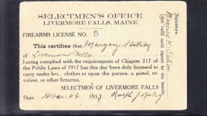 1933, Maine: Livermore Falls, Women's Fire Arm License (32237)