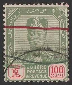 MALAYA - Johore 1922 Sultan $100 green & scarlet, wmk script. normal cat £2000.