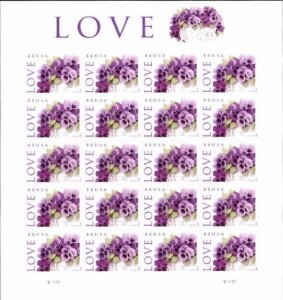 2010 44c Love Special Issue, Pansies in a Basket, Sheet of 20 Scott 4450 Mint NH