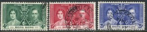 HONG KONG Sc#151-153 1937 KGVI Coronation Complete Set Used (ab)