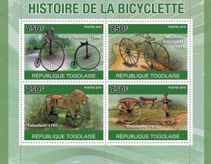 TOGO - 2010 - History of Bicycles - Perf 4v Sheet - Mint Never Hinged