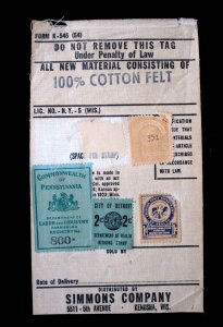 US - BEDDING LABEL W/ TAX STAMPS FROM PA, LA AND CITY OF DETROIT MI