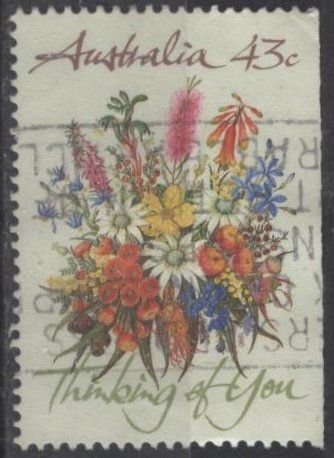 Australia 1193 (used, flat edge rt) 43c thinking of you: flower bouquet (1990)