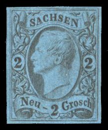 German States, Saxony #11 Cat$24, 1855 2ng black on dark blue, hinged