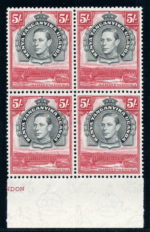 K.U.T. 1944 KGVI 5s black & carmine (p13¼x13¾) block superb MNH. SG 148b. Sc 83.