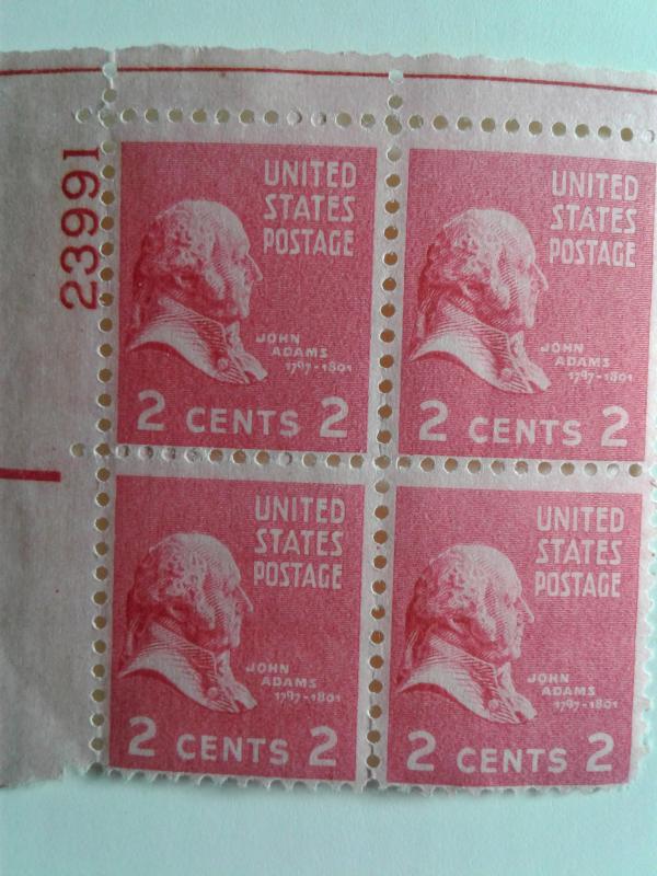 SCOTT # 806 PLATE BLOCK # 23991 JOHN ADAMS MINT NEVER HINGED GEM FRESH !!!