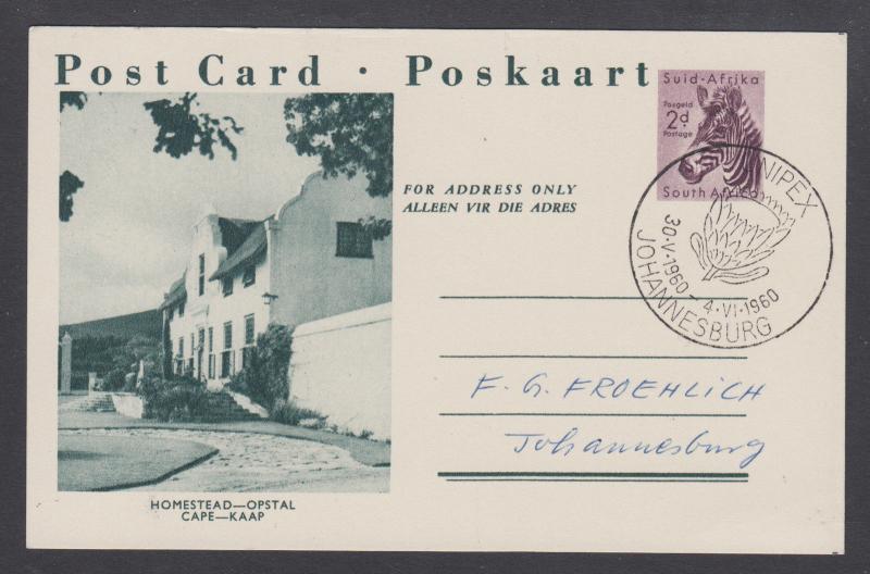 South Africa H&G 38-13 postcard 1960 UNIPEX cancel, Homestead Cape cachet 