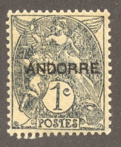Andorra, French Scott 1 Unused HMOG - 1931 French Overprint - SCV $1.00