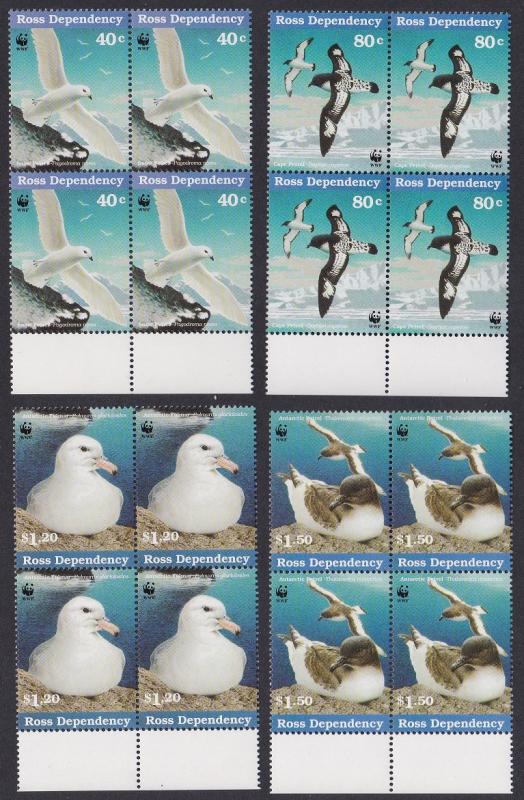 Ross Dep. WWF Antarctic Seabirds 4v Blocks of 4 with Bottom Margin 1997 MNH