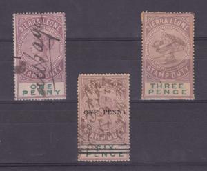 Sierra Leone QV 1d, 3d, 6d Stamp Duty x 3 VFU X8719