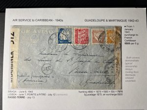 1943 Portugal Airmail Cover Braga to Basse Terre France via Lisbon