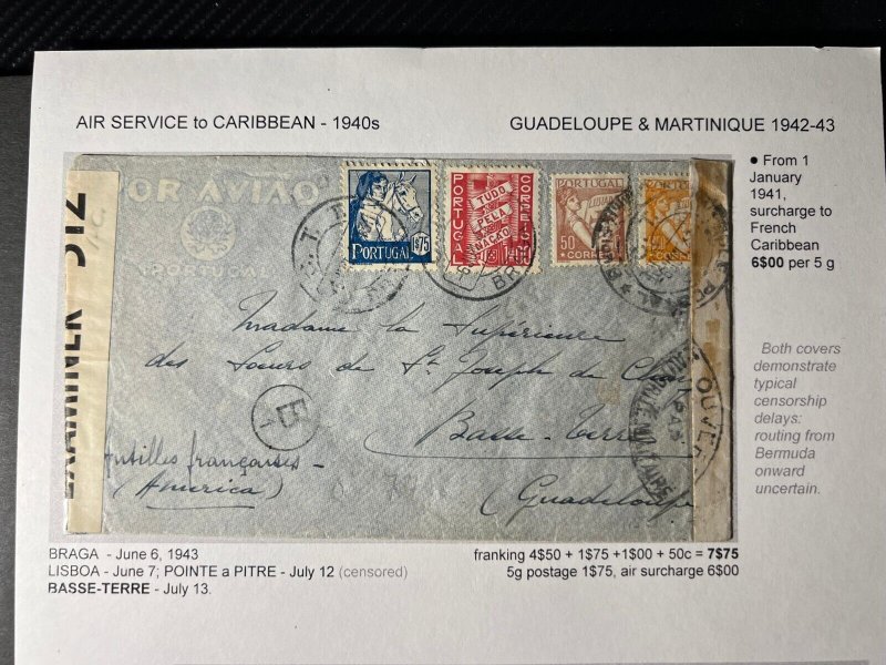 1943 Portugal Airmail Cover Braga to Basse Terre France via Lisbon
