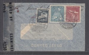 CHILE,1943 Airmail censored cover, Magallanes to USA, 40c., 2p. & 10p.