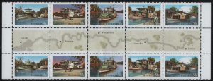 Australia 2003 MNH Sc 2177b 50c Murray River Boats Strip of 5 Gutter block