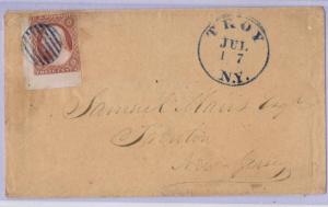 SCOTT# 10 3c BTM LEFT CORNER COPY GUIDELINE ON CVR BLUE GRID CCL, BLUE NY CANCEL