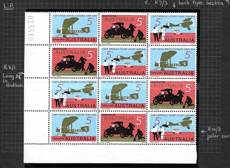 1969 Australia 468-70 1st England to Australia Flight MNH block of 12 with flaws