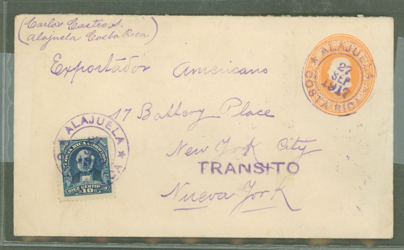 Costa Rica  1917 5c orange on white + 10c stamp; Alajuela cancel, San Jose transit; note Transito.