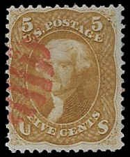 U.S. #67 Used - red cancel; 5c Jefferson (1861) - PF Certificate