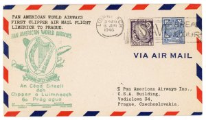 Ireland 1946 first flight cover  Pan American Limerick, Ireland to Prague, Czech